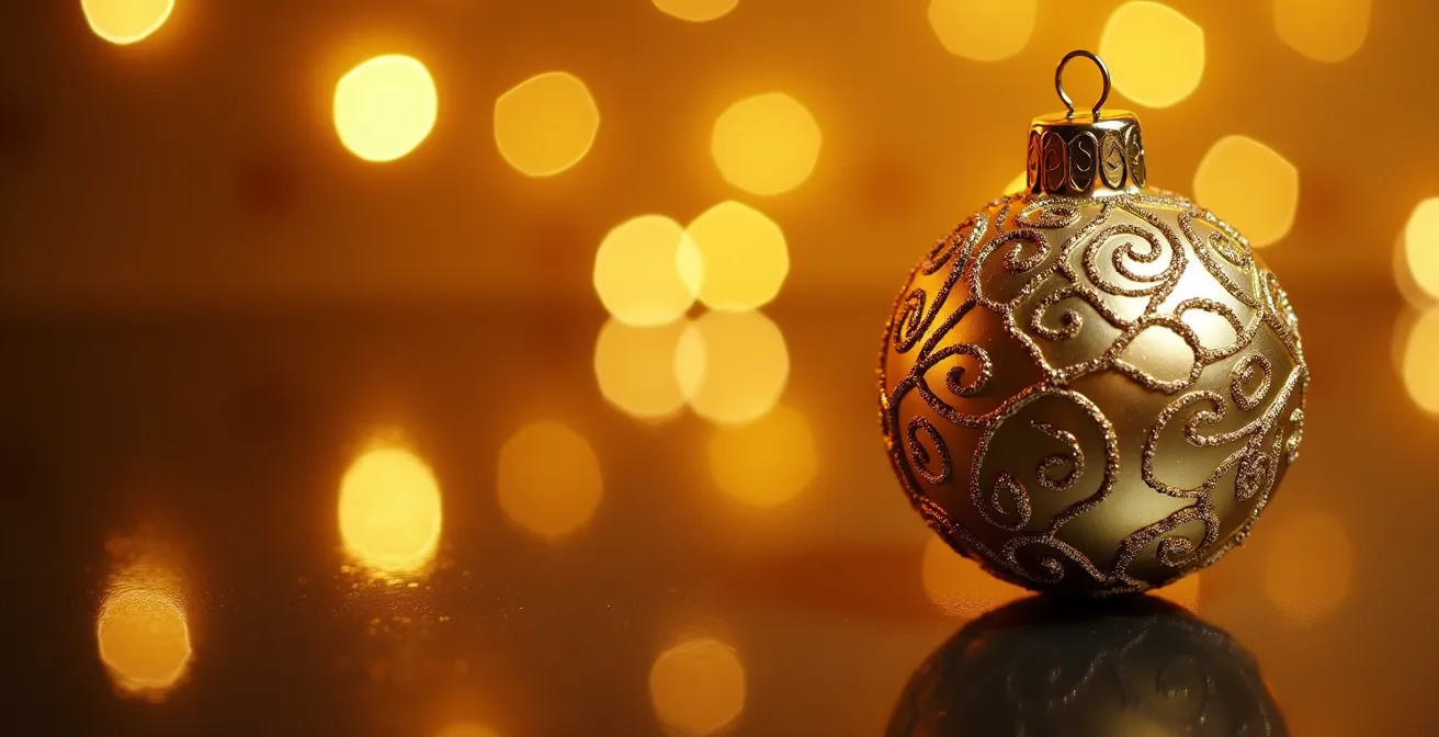 Gros plan sur une boule de Noël dorée reflétant les lumières des Champs-Élysées