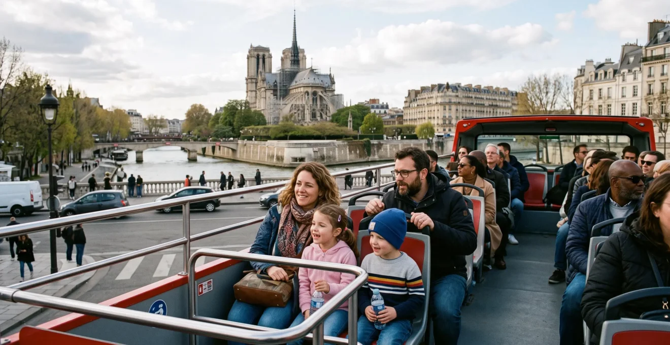 Famille à bord d'un bus touristique à impériale dans Paris