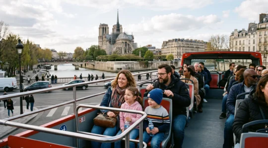Famille à bord d'un bus touristique à impériale dans Paris