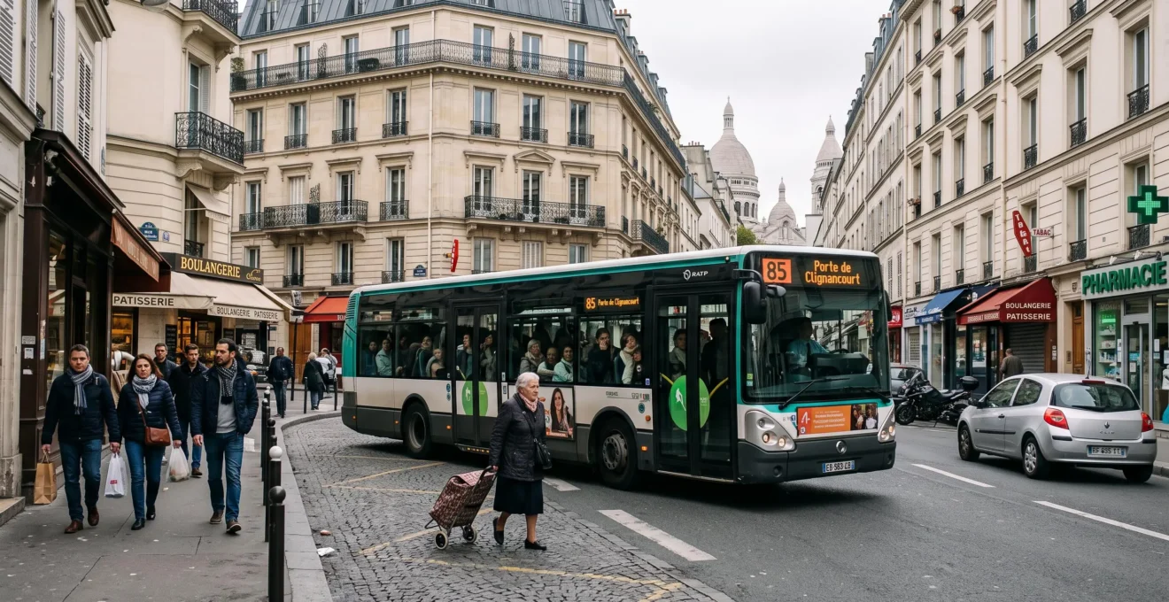 Bus urbain circulant dans un quartier touristique de Paris