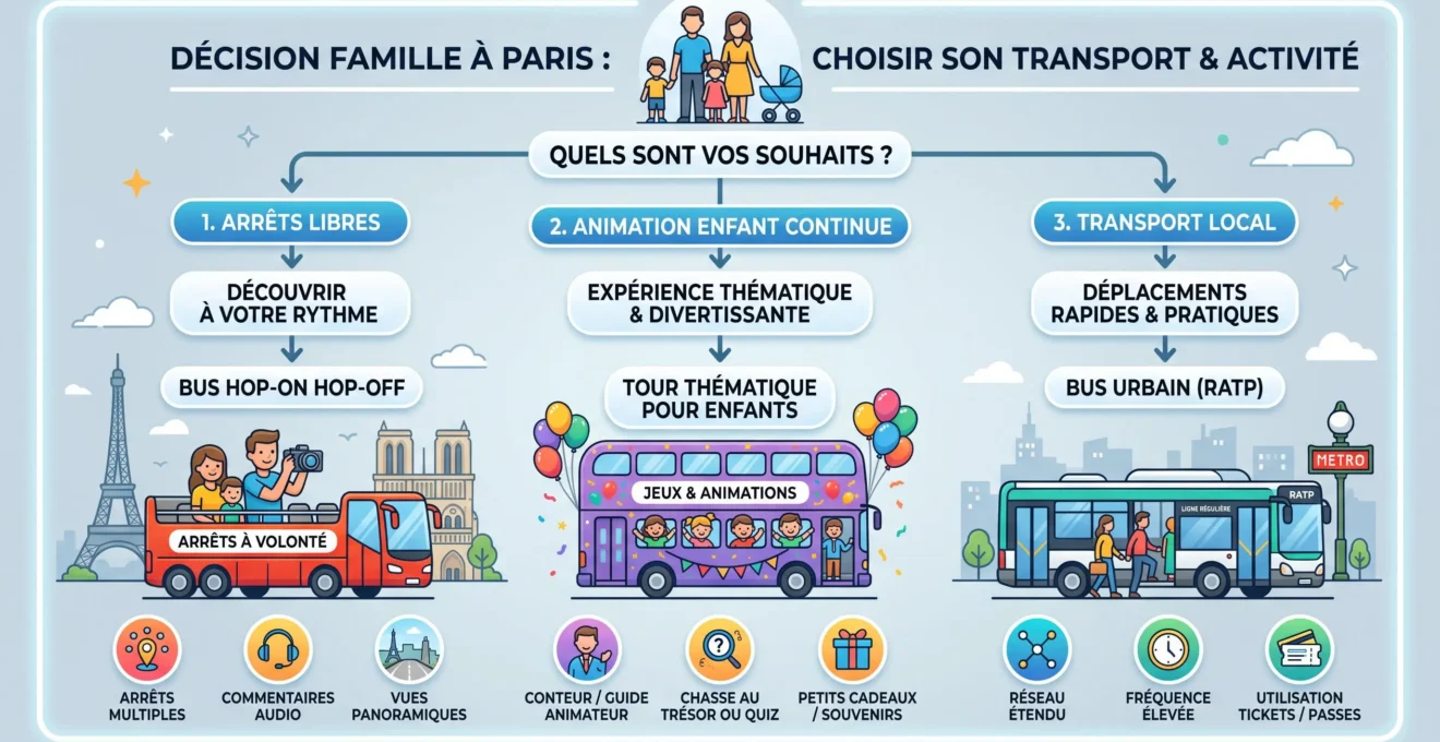 Arbre de décision pour choisir un type de bus à Paris en famille