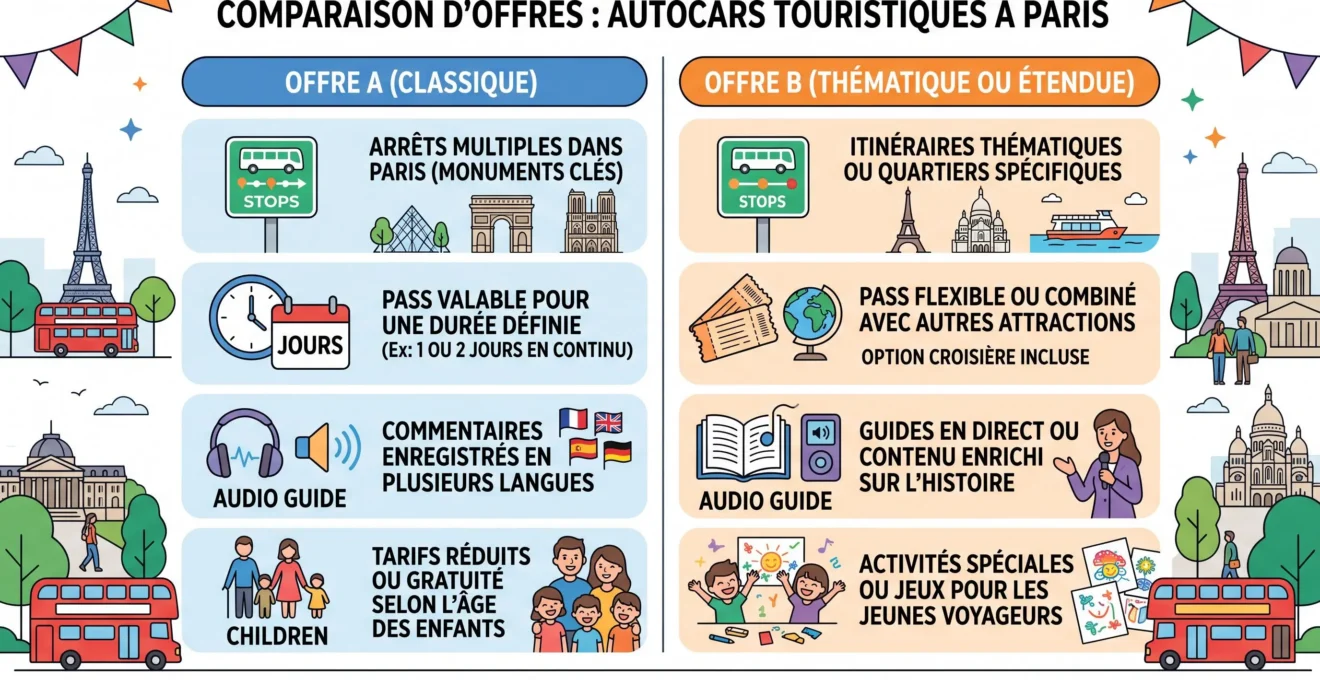 Critères pour comparer deux bus hop-on hop-off à Paris en famille